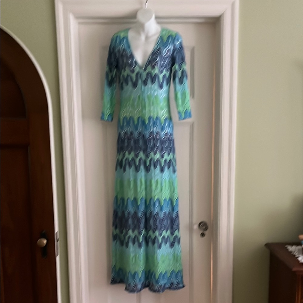 Lilly Pulitzer Blue and Green Maxi Gown with V-Neck